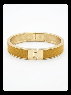 Gold Metal Bangle Bracelet Snakeskin Trim Magnetic Closure Statement Accessory